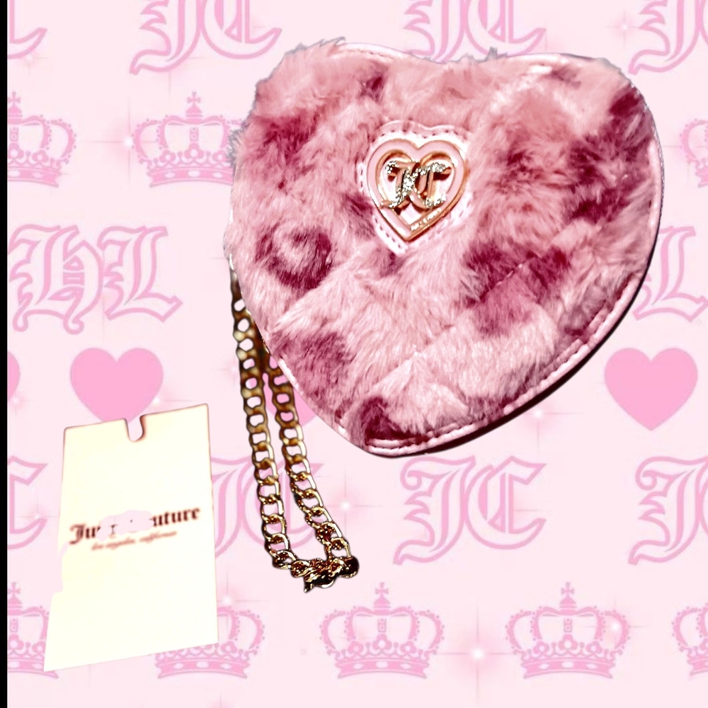 PINK LEOPARD 🩷Juicy Couture Heart Faux Fur Wallet With GOLD CHAIN
